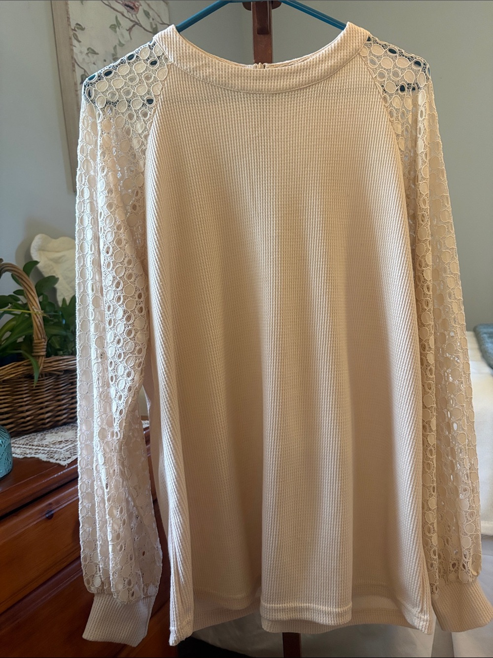 Cream Lace-Sleeve Waffle Knit Long Sleeve Top